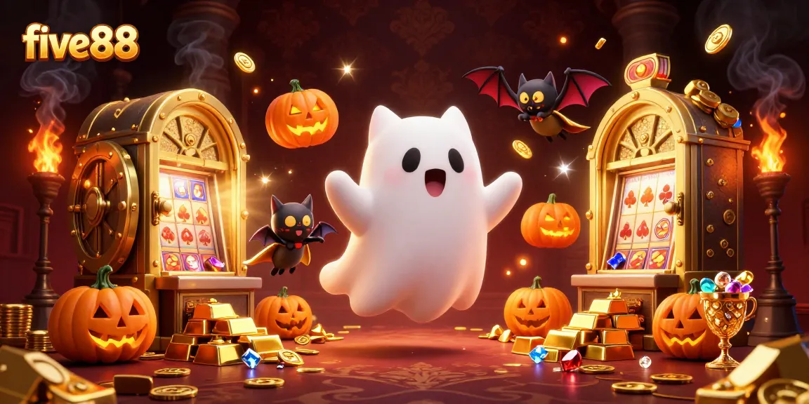 Experience the thrill at five88 with a ghost cat and bat in a haunted casino scene.