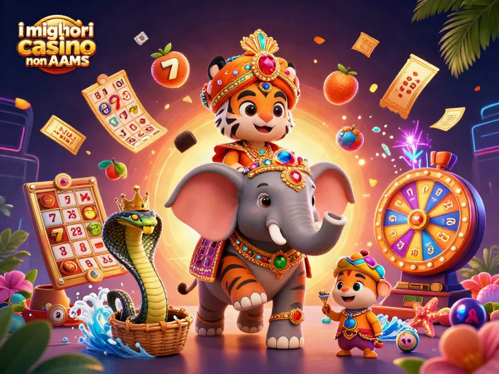 Illustrazione dei migliori casino non AAMS con elementi di gioco e personaggi accattivanti, frutta e jackpot.