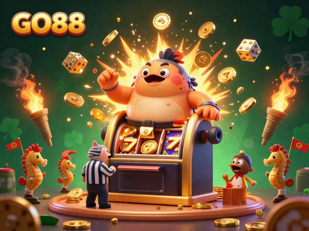 Engage in the excitement of GO88 with a dynamic cartoon scene featuring a jackpot slot machine, fugu referee, and seahorse spectators.