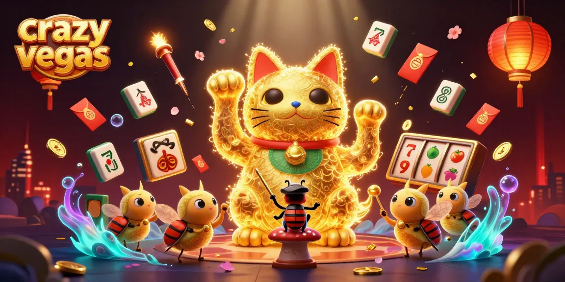 Engage with crazyvegas as golden fireflies animate into a lucky cat amidst casino symbols.