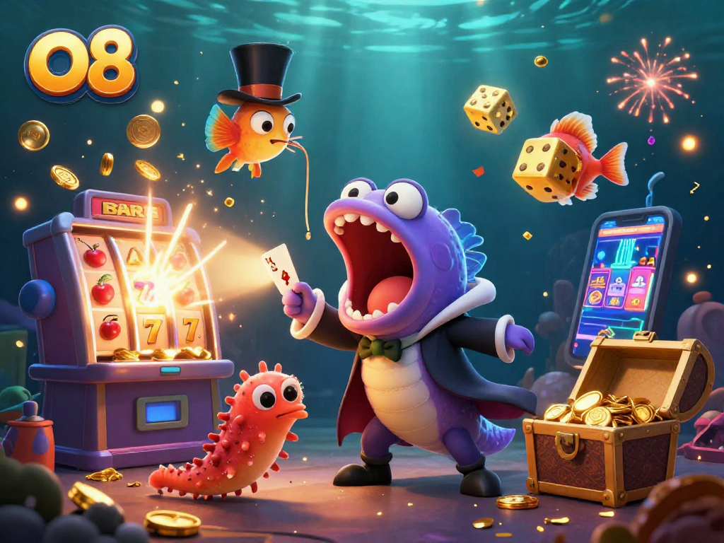 Join O8 for thrilling casino adventures, with a captivating underwater scene featuring vibrant characters and games.