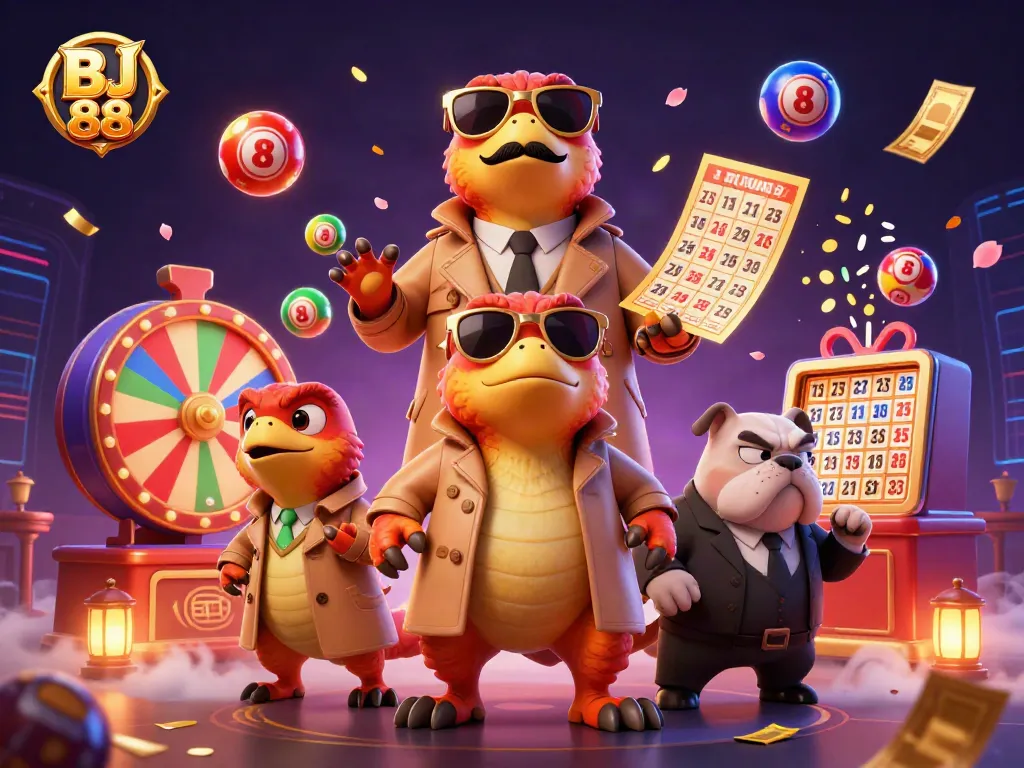 Engage with BJ 88 through a vibrant cartoon scene of raptors in a trench coat at a casino.