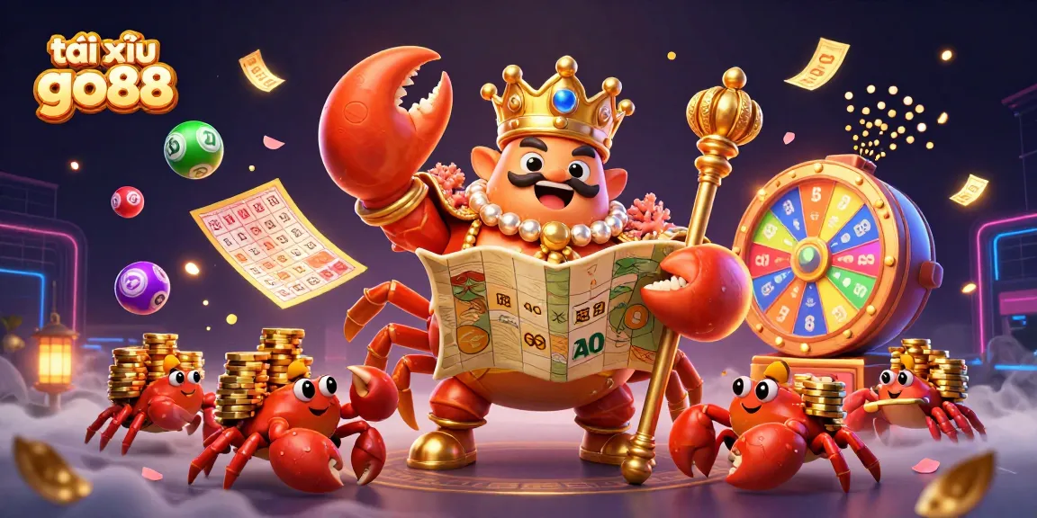 Engage in tài xỉu go88 action with a golden crab emperor amidst vibrant casino elements.