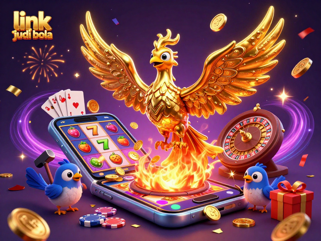 Engage with link agen judi bola in an ultra-detailed 3D illustration showcasing a phoenix and vibrant casino elements.
