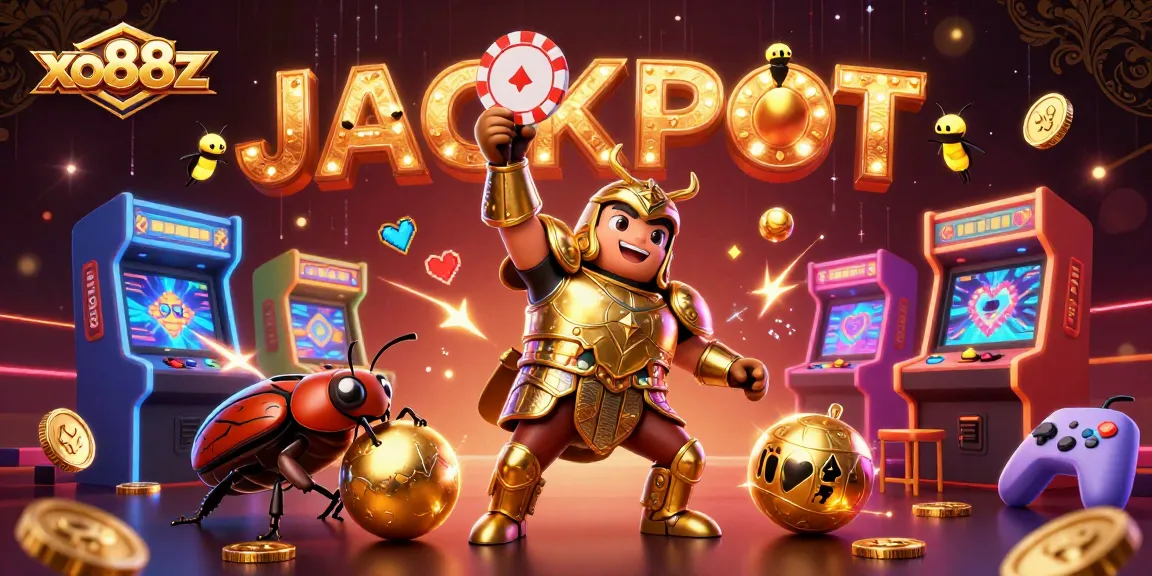 Engage with xo88z at a vibrant casino scene where a heroic beetle lifts a poker chip beside animated game elements.