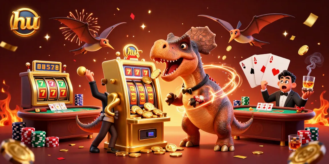 Experience the thrill of hu's jackpot action with a pachycephalosaurus winning coins in this casino scene.