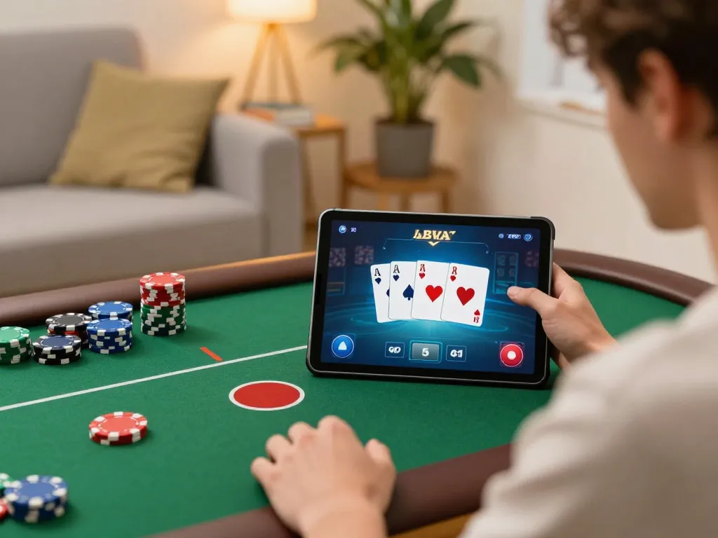 Engage in thrilling poker gameplay on Mantra88 with vibrant chips and warm home ambiance.