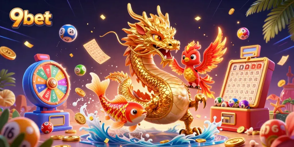 Experience thrilling wins with 9bet's dazzling gaming scene featuring dynamic characters and vibrant game elements.