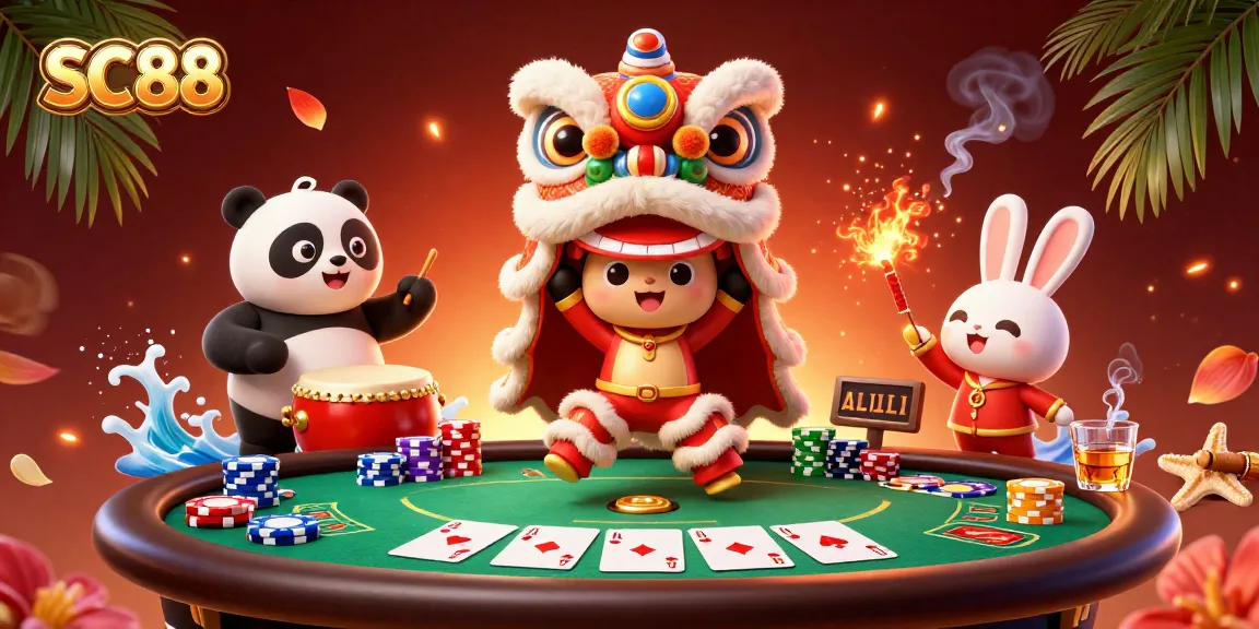 Join the excitement at SC88 with festive characters playing poker in a dynamic casino scene.