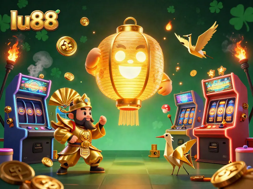 Win big at lu88 with vibrant gaming elements, featuring a glowing lantern spirit and festive warriors.