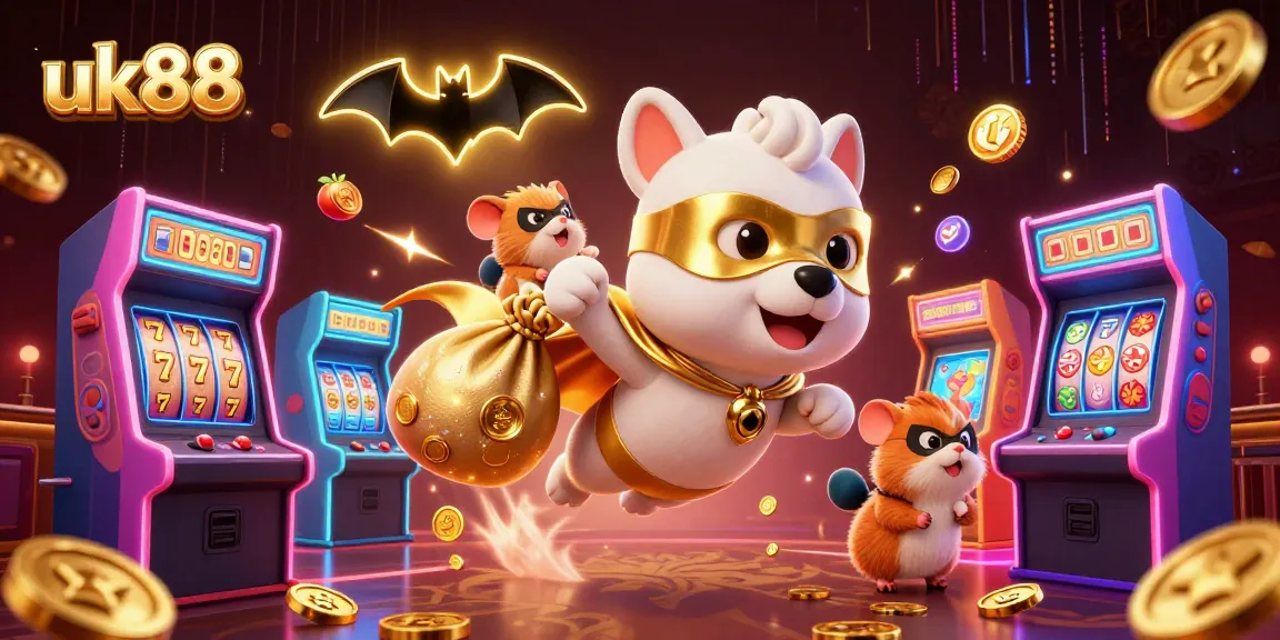 uk88 mascot celebrating wins with gold coins and fun arcade game elements in a vibrant casino scene
