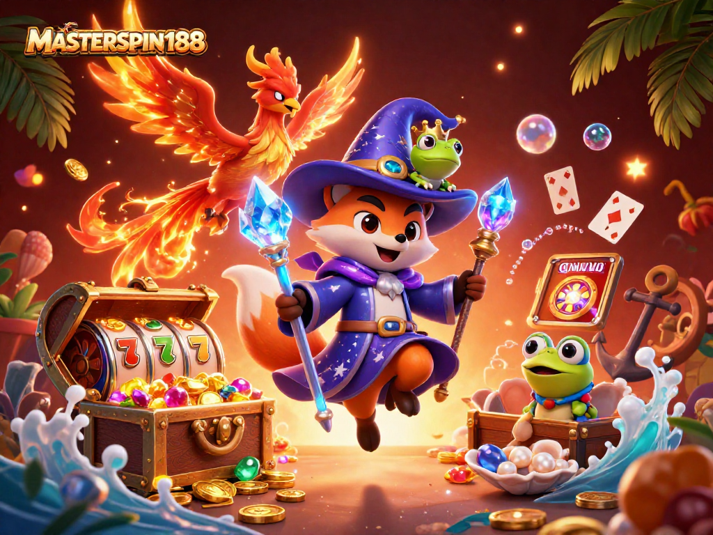 Experience winning spins at MASTERSPIN188 with mystical characters and colorful slot elements in a vibrant casino scene.