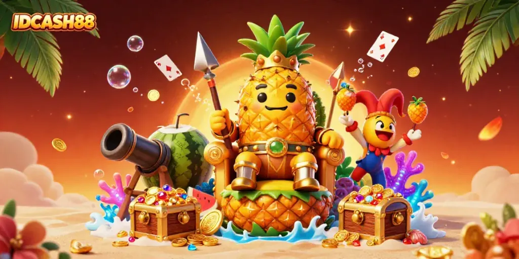 Experience IDCASH88 with an energetic beach casino scene featuring a golden pineapple king and vibrant game elements.