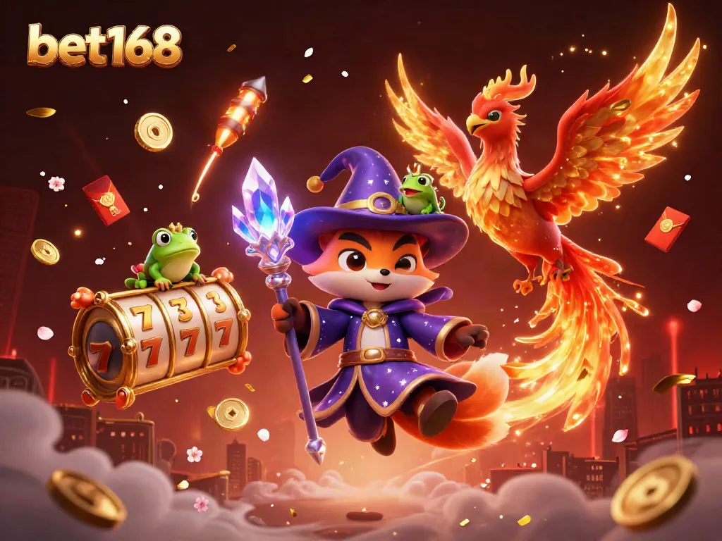 Experience exciting gameplay with bet168 as a mystical fox wizard and phoenix amidst vibrant slot elements.