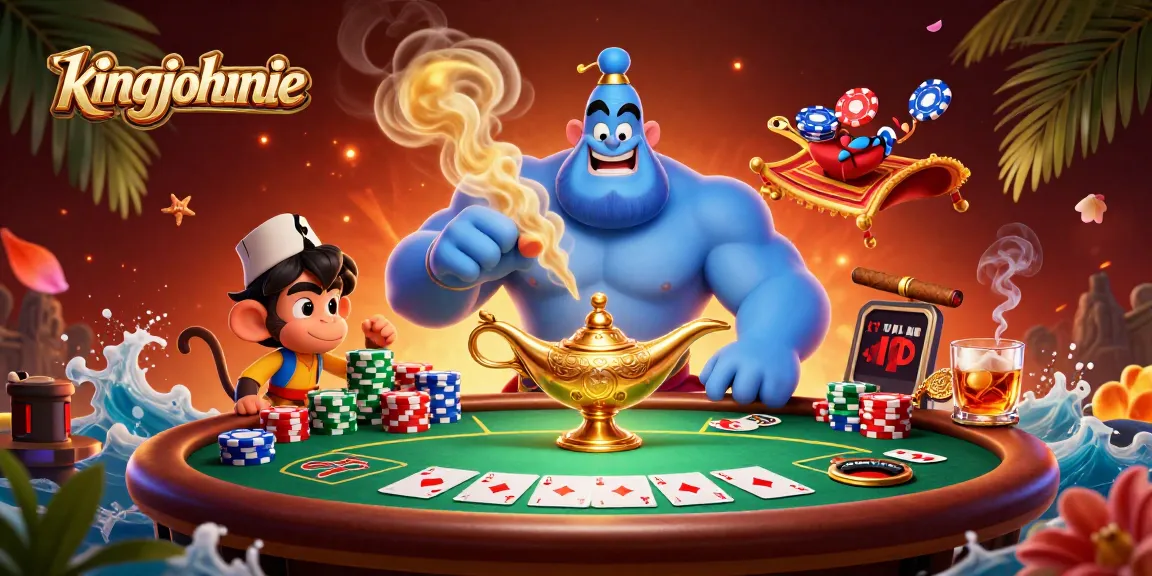 Experience the excitement of kingjohnnie's vibrant casino scene with a magical genie and poker elements.