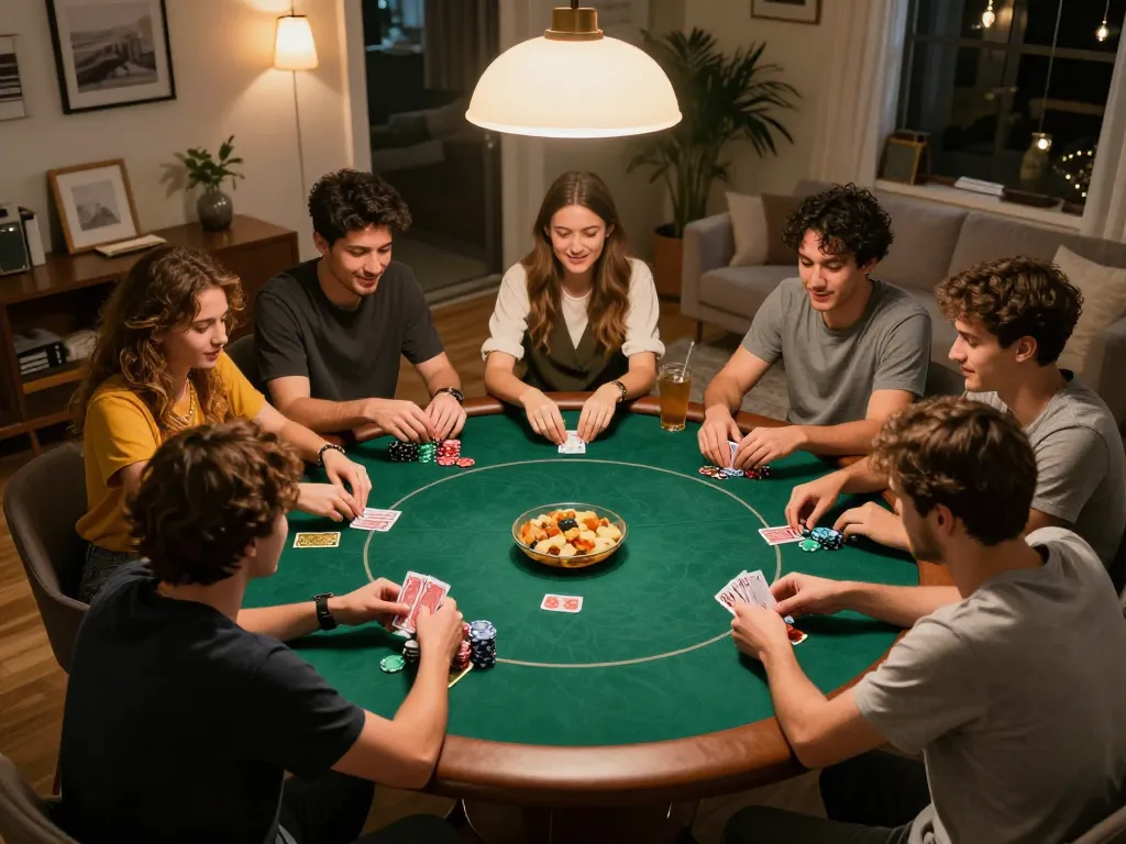 Friends strategizing and playing poker at home while enjoying snacks, highlighting the interactive gaming experience with wittehomesolutions.