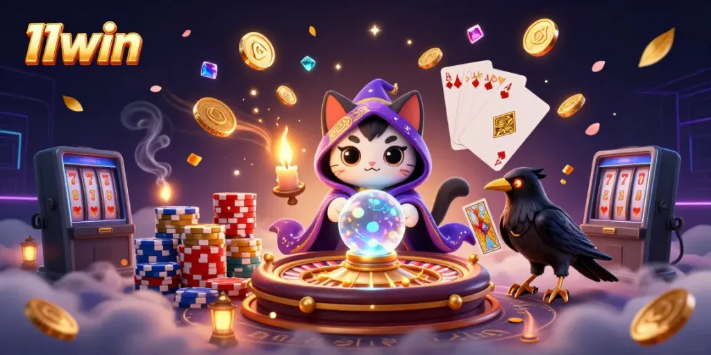 Experience the thrill of 11win with a magical scene of fortune teller characters and dynamic casino elements.
