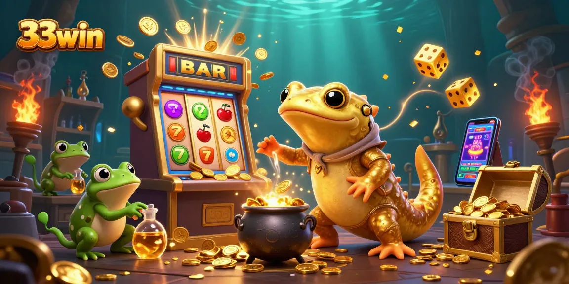 Experience the excitement of 33win through a dynamic scene of a golden salamander alchemist and a jackpot explosion.
