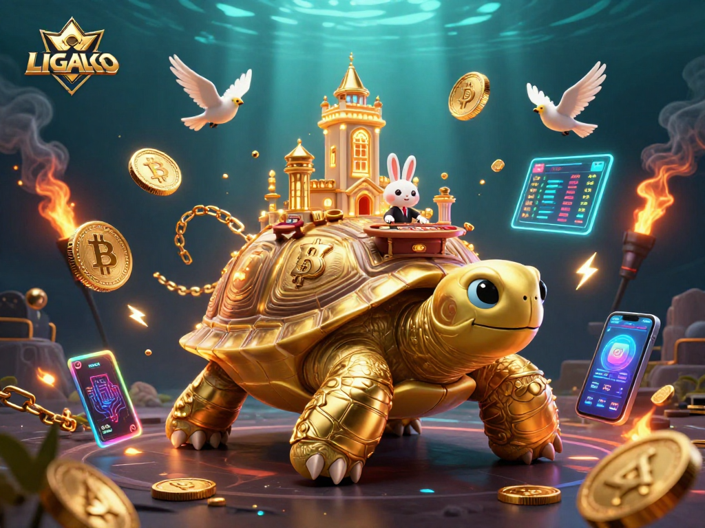 LIGALGO inspired digital gaming scene featuring a golden tortoise casino with a rabbit dealer, surrounded by floating crypto coins.