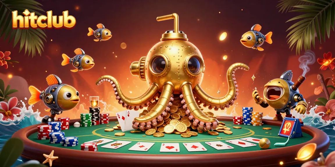 Win big with hitclub in this vibrant casino illustration featuring poker elements.