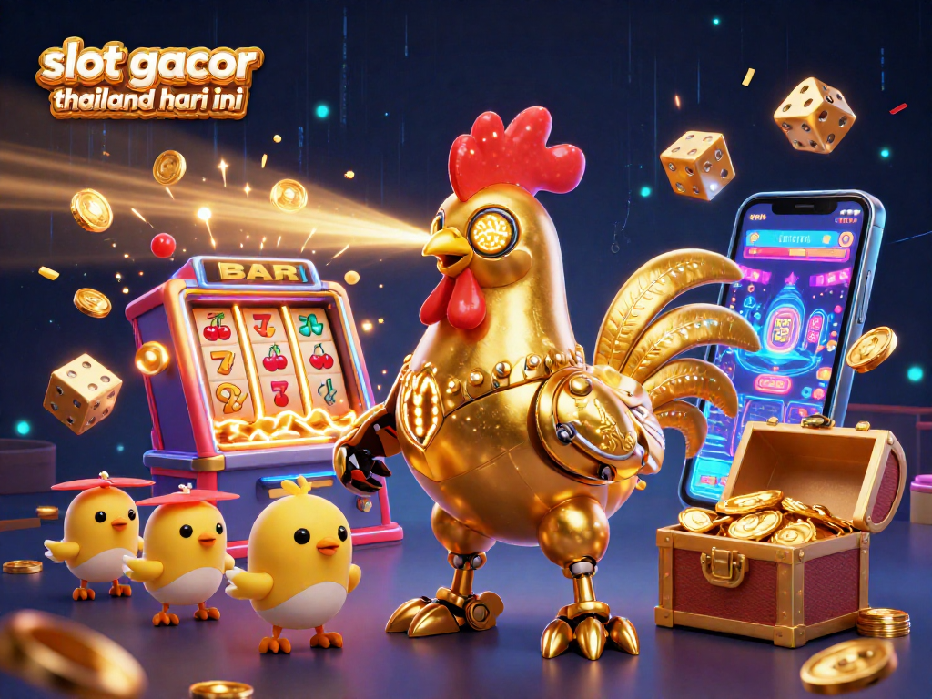 Engage with slot gacor thailand hari ini featuring a golden rooster robot amidst a jackpot explosion in a vibrant casino scene.
