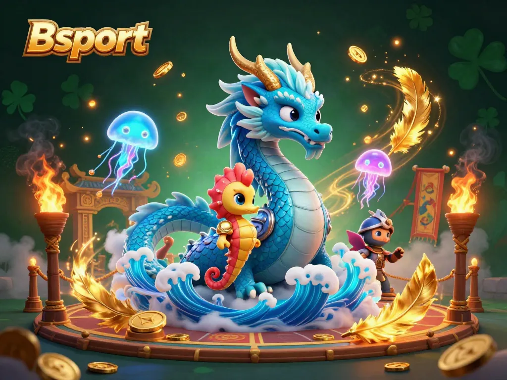 Bet on exciting odds with Bsport in this 3D casino-themed illustration featuring a dragon and knights.