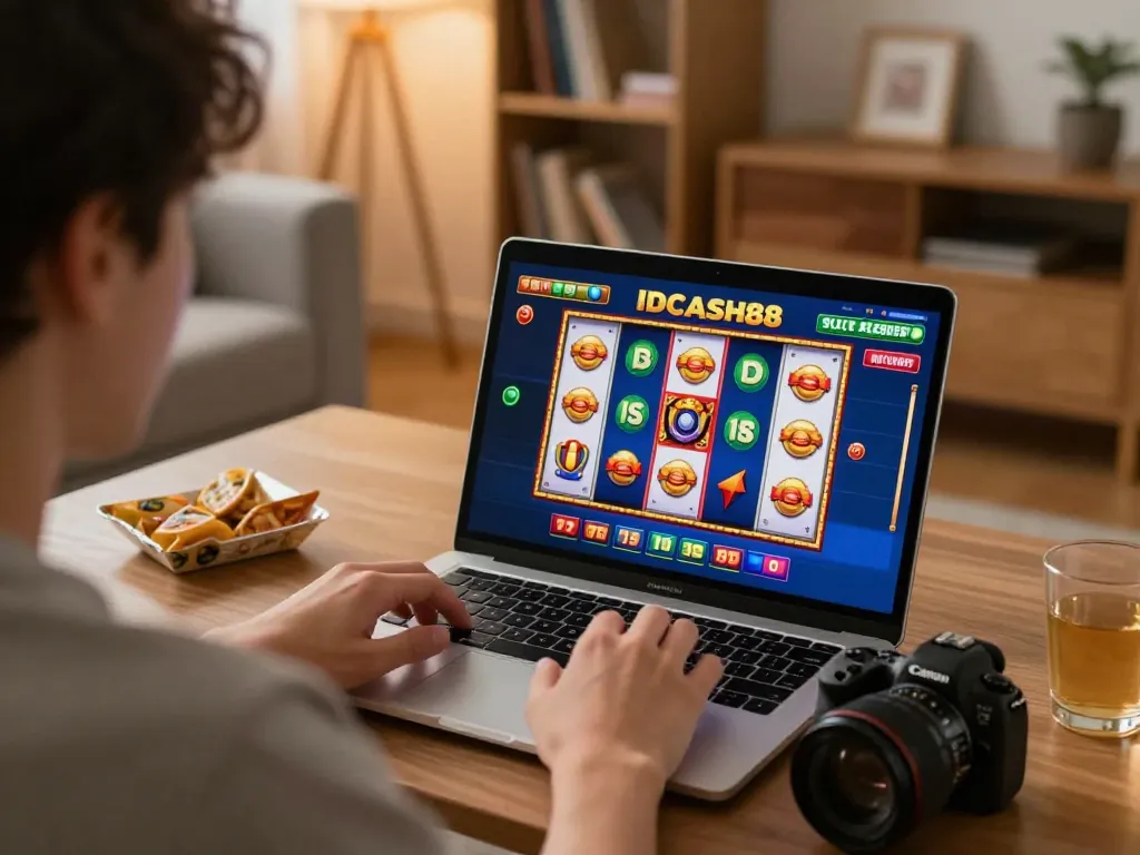 Engaging gameplay experience with IDCASH88 Slot on a laptop in a cozy home setting.