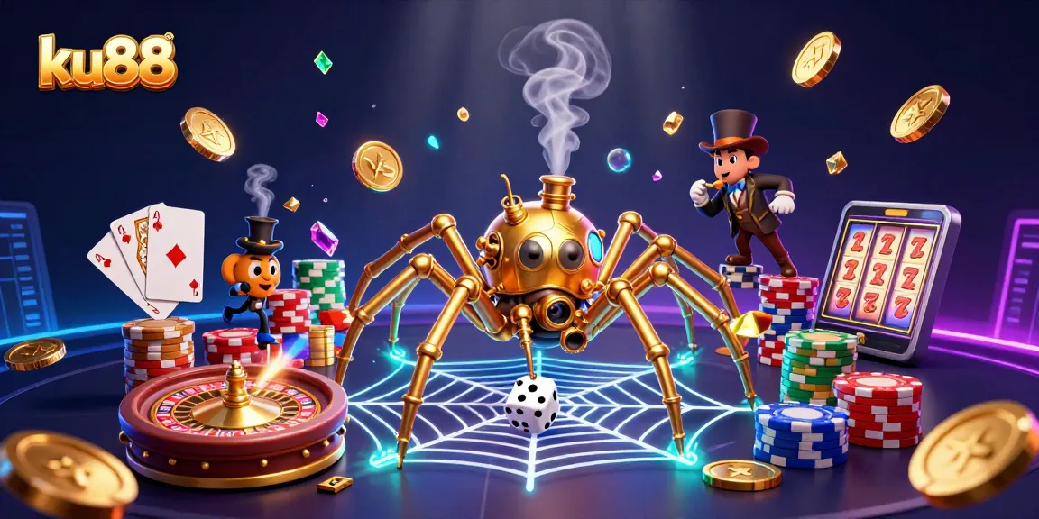 ku88 showcases a dynamic steampunk-themed casino illustration bursting with action.