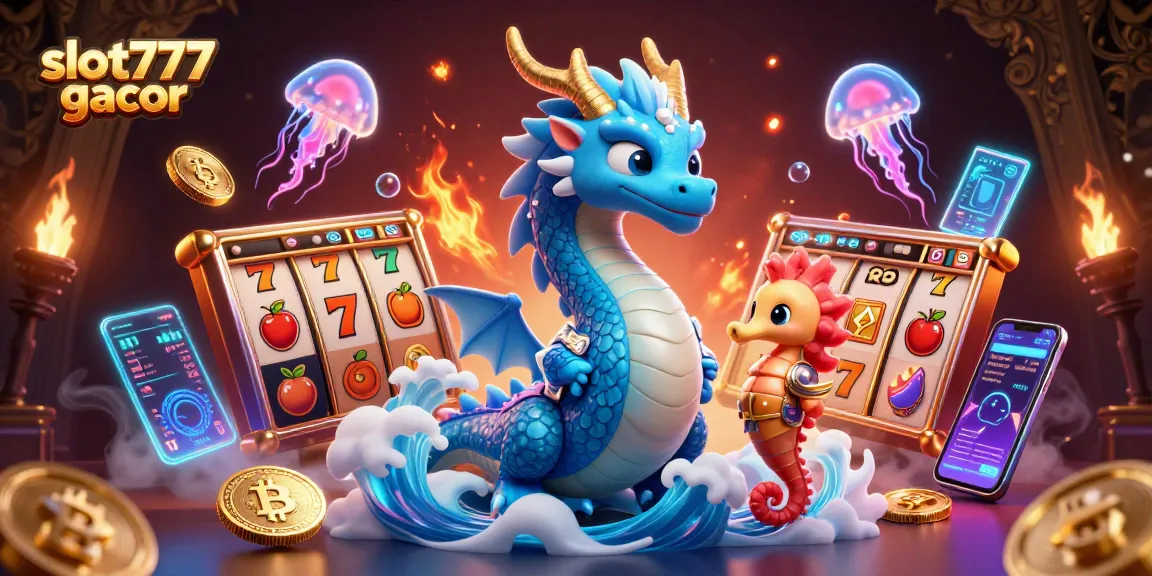 Win big with slot777 gacor featuring vibrant dragons and exciting slot elements illuminated by neon coins.