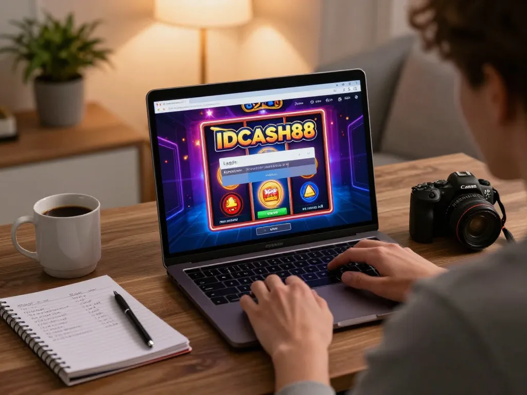 IDCASH88 Login on a laptop screen during an engaging slot game session in a cozy home setting.