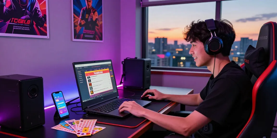 Togel88 Online player engaging with a vibrant gaming setup filled with lottery tickets and modern tech.
