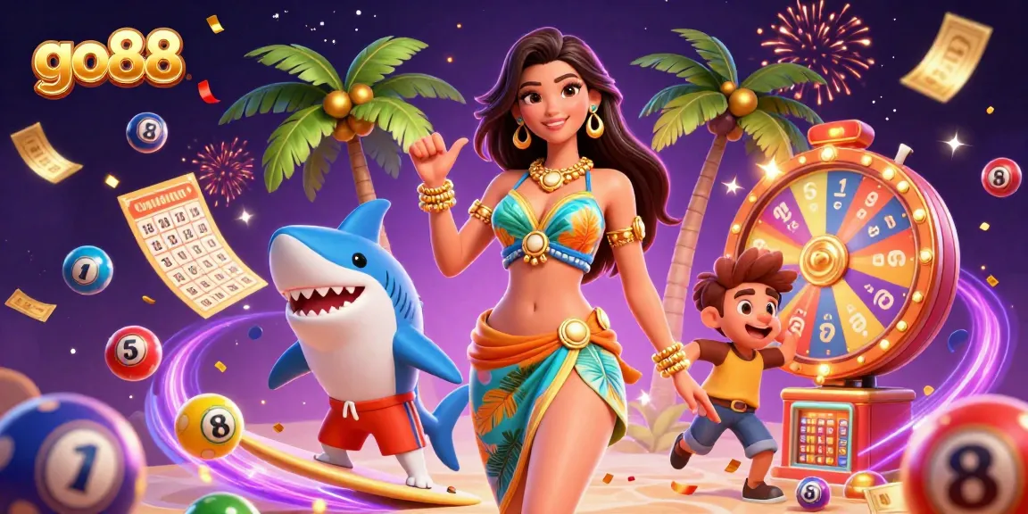 Experience the excitement of go88 with vibrant lottery elements and festive characters celebrating game wins.
