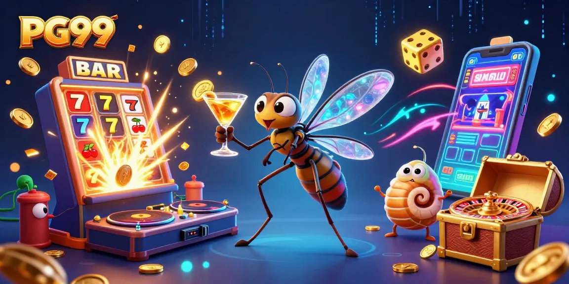 Spin to win with PG99's vibrant casino scene featuring an eccentric mascot and dynamic games.