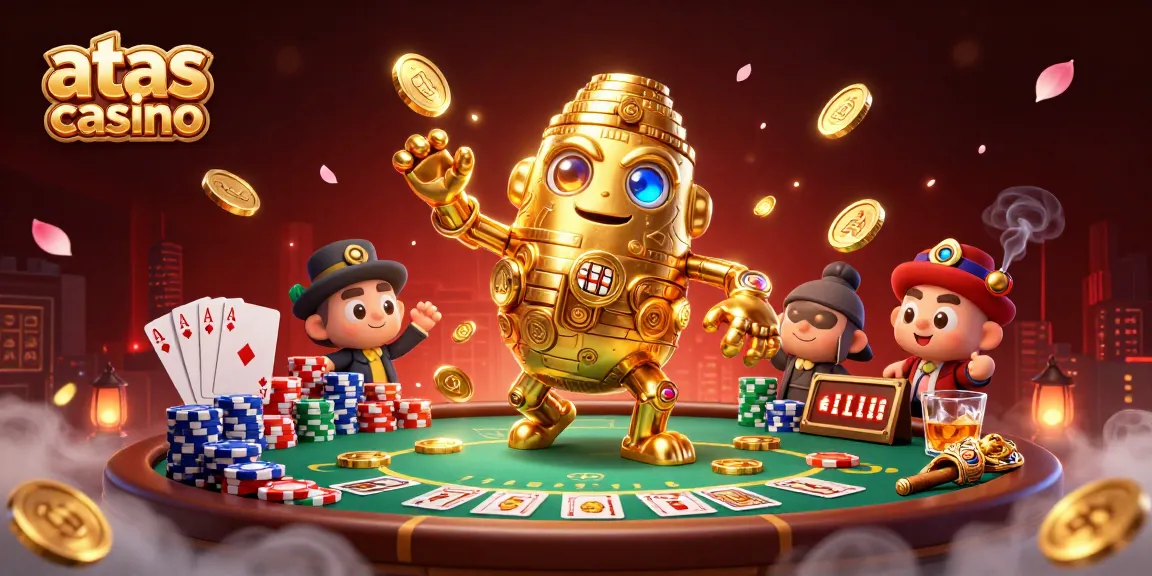 Experience the thrill of the atas casino featuring a golden golem amidst lively poker elements and vibrant graphics.