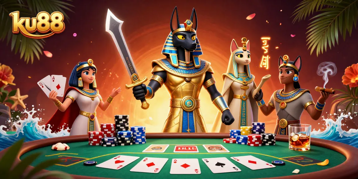 Engage with the action at ku88's lively poker scene featuring Anubis and Bastet.