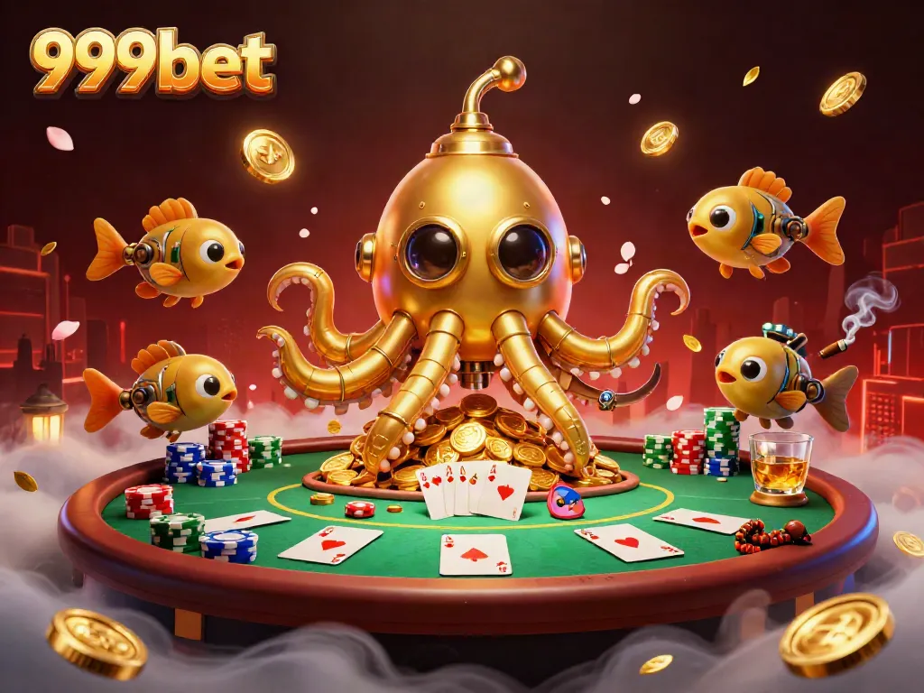 Experience the thrill of 999bet with a dynamic scene of a golden kraken submarine and poker elements.