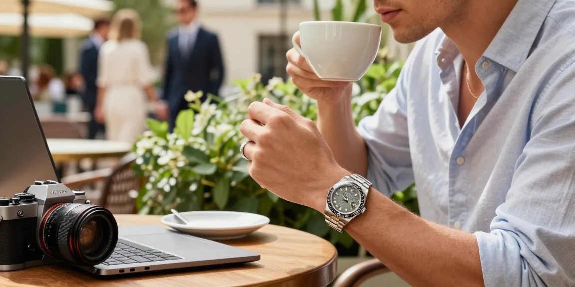 Individual proudly wearing rolex super clone watches at an outdoor café, exemplifying luxury and style.