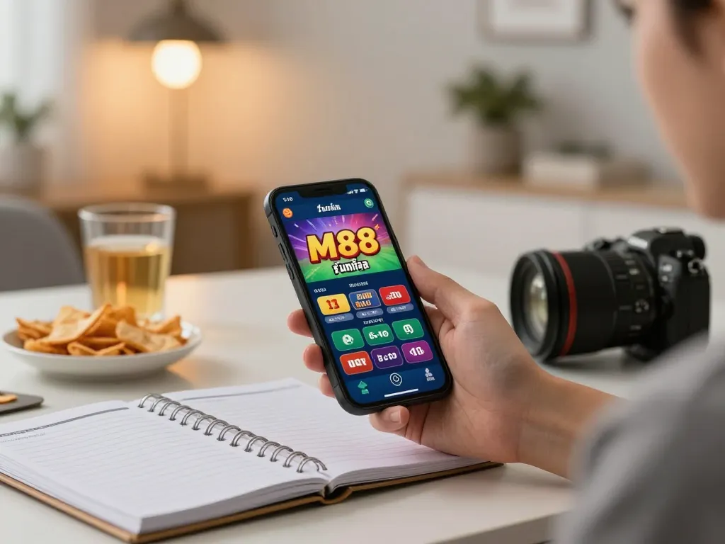 การเล่นเกมที่น่าสนใจบนแอป M88 มือถือ แสดงอยู่บนสมาร์ทโฟนในบรรยากาศสบายที่บ้าน