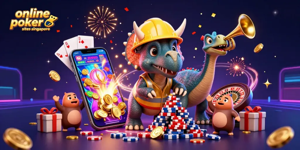 Engage in thrilling gameplay at online poker sites Singapore, highlighted by dynamic casino elements and vibrant characters.