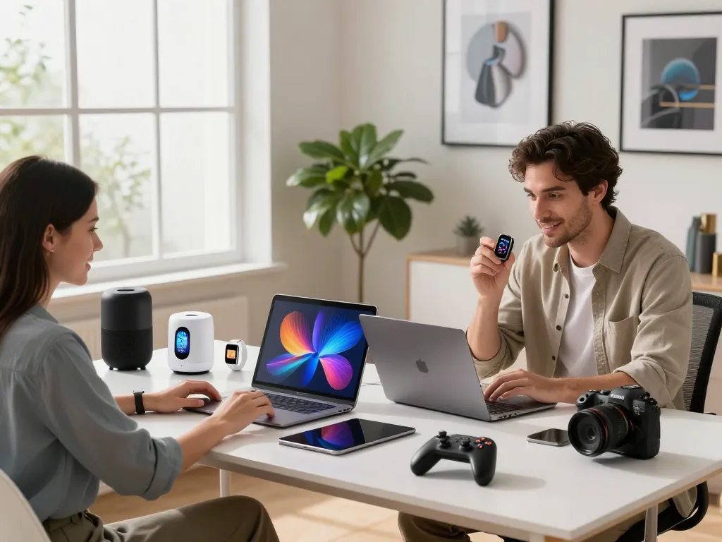 Explore smart tech gadgets in a modern home office, featuring innovative devices on a stylish desk.
