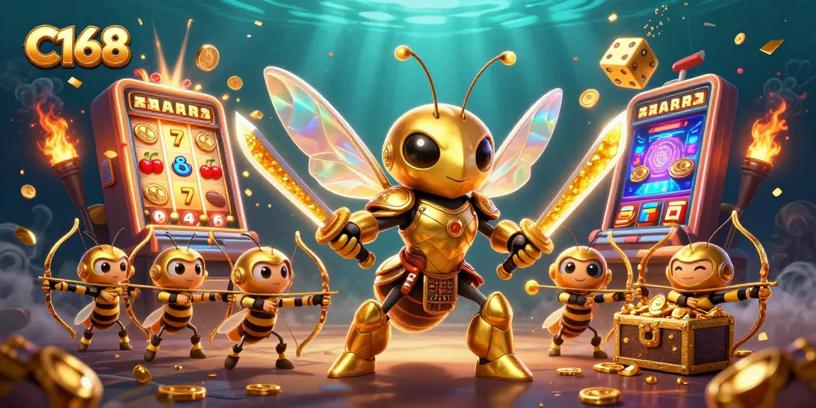C168 gameplay featuring a giant golden hornet in samurai armor amid a jackpot explosion and vibrant casino elements.
