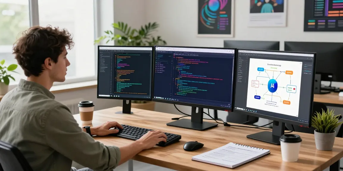 Build internal tools with AI showcased in a tech workspace with coding screens and flowcharts.