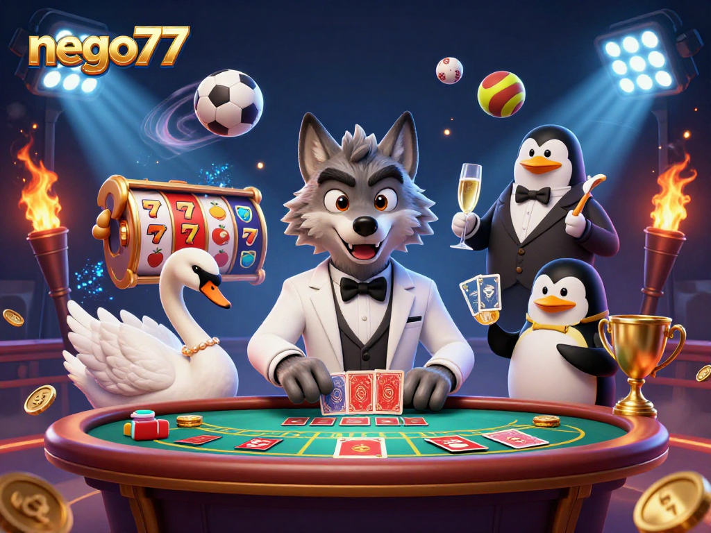 Experience the thrill of slots with nego77 as a debonair wolf and elegant swan deal cards.