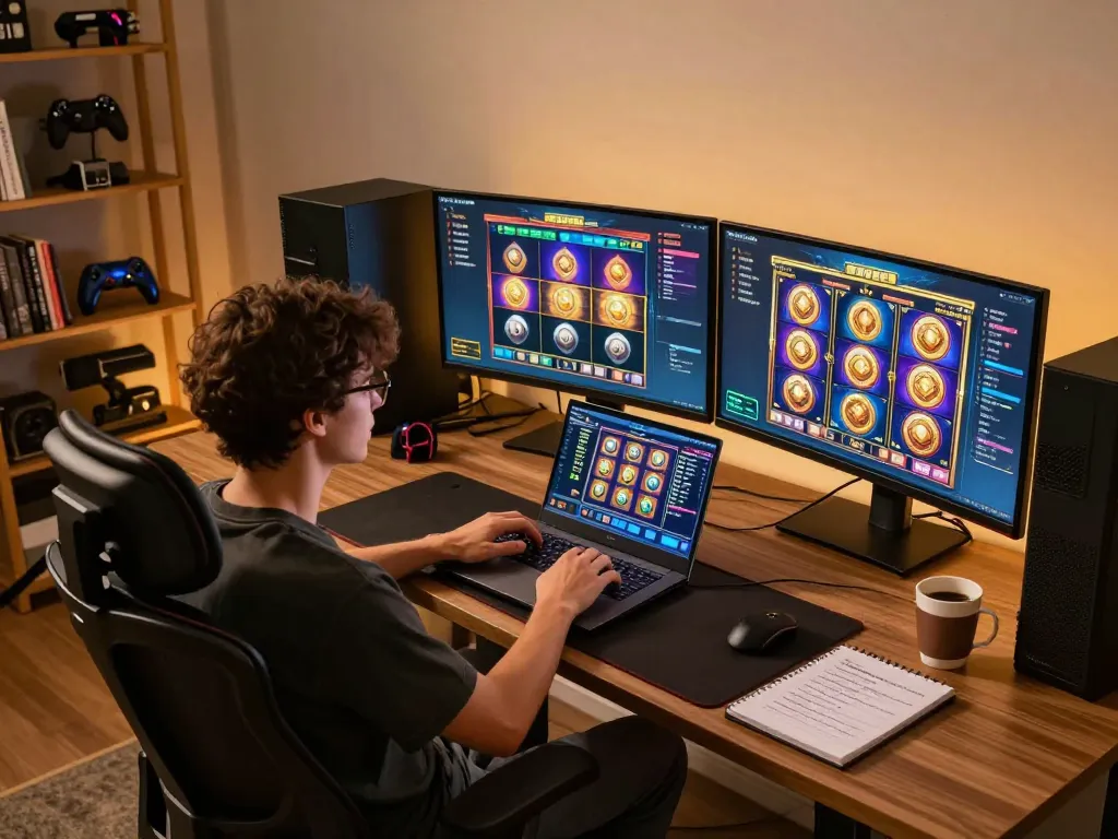 Engaging in a Slot Demo session with vibrant game graphics on multiple screens in a cozy gaming setup.
