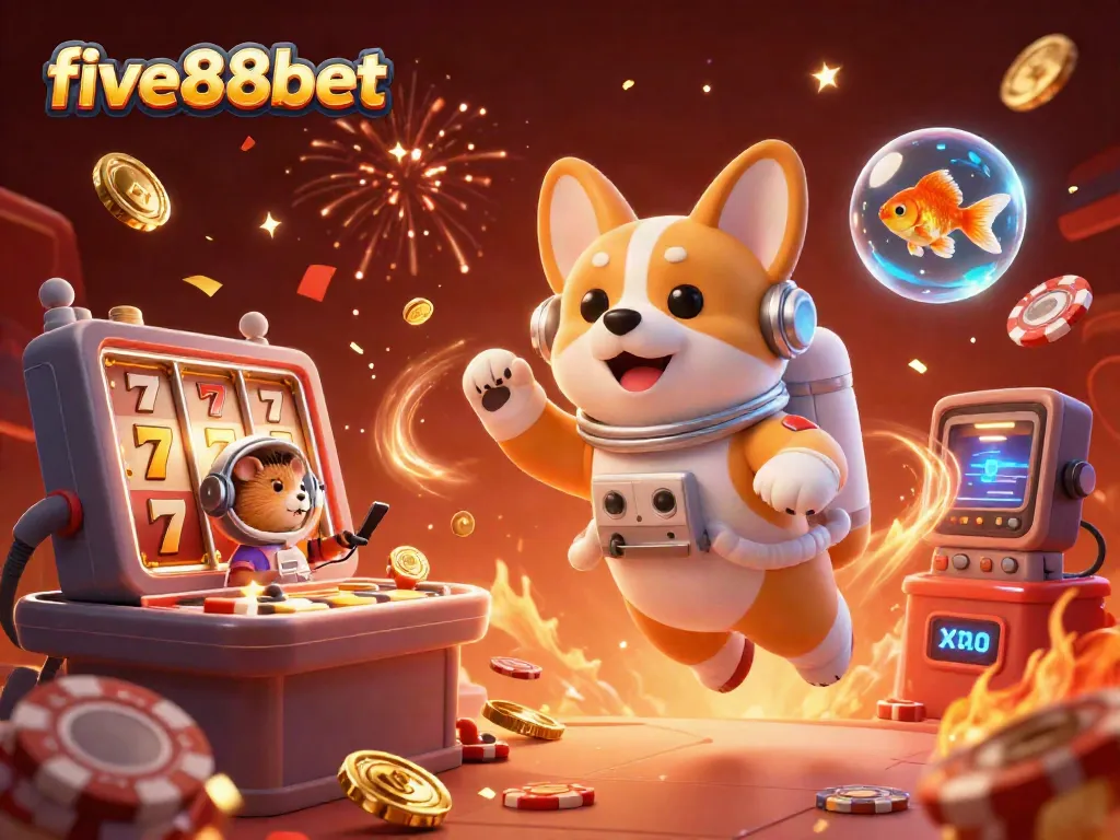 Experience winning excitement with five88bet in a vibrant virtual casino scene featuring playful characters and game symbols.