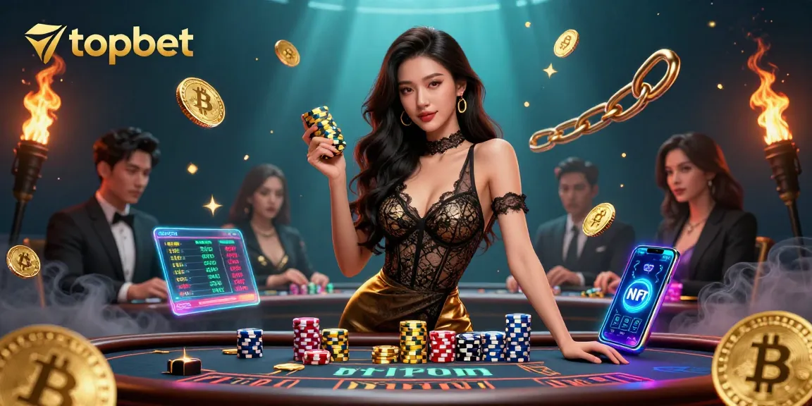 Join the excitement at topbet with a glamorous Asian woman at a VIP baccarat table, showcasing high-value casino chips.