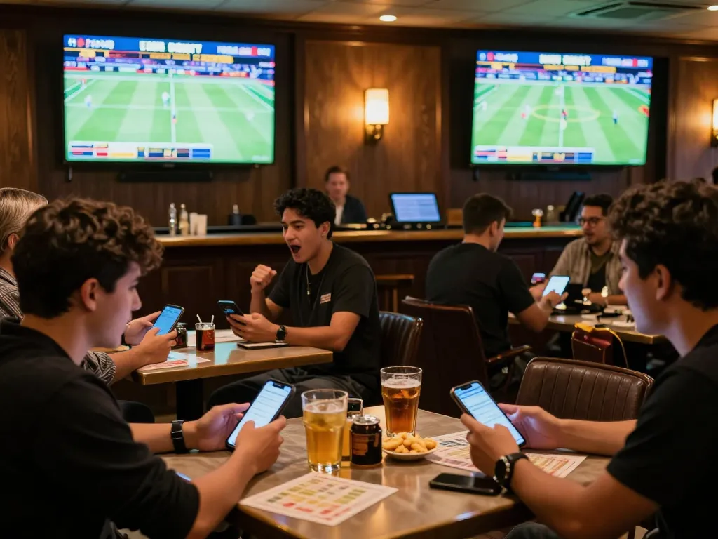 Patrons engaging in sports betting at bar while analyzing Keo nha cai 5 odds on smartphones.