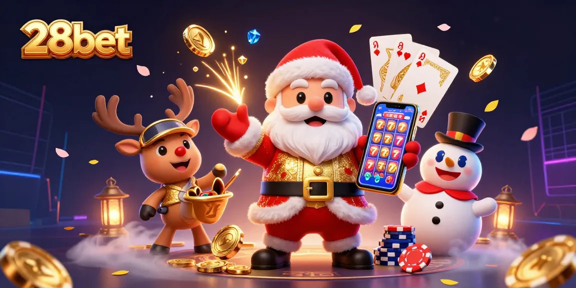 Win big with 28bet at a festive casino, showcasing Santa, his reindeer, and a snowman!
