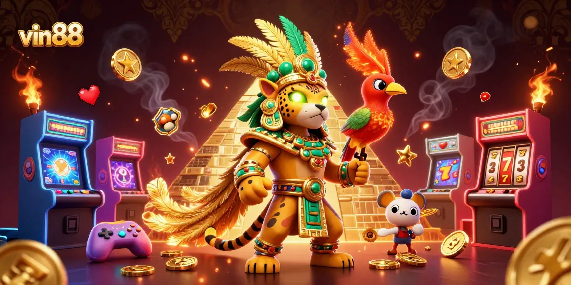 Engage with vin88's vibrant casino scene featuring a Mayan jaguar priest and exciting slot elements.