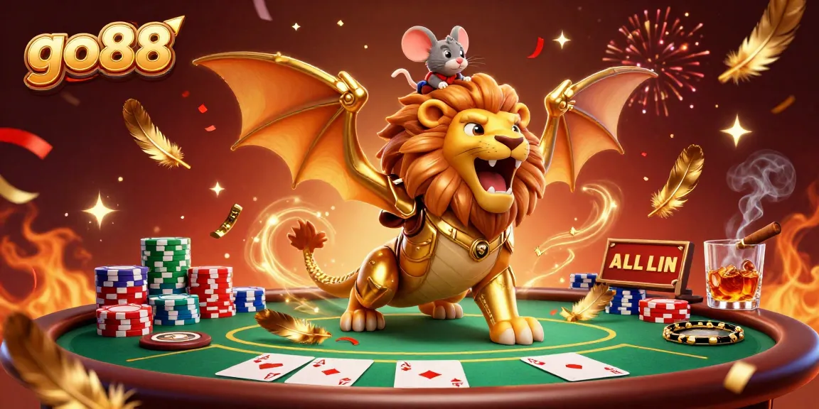 Experience thrilling games at go88 with a dynamic casino scene showcasing a chimera creature and poker elements.